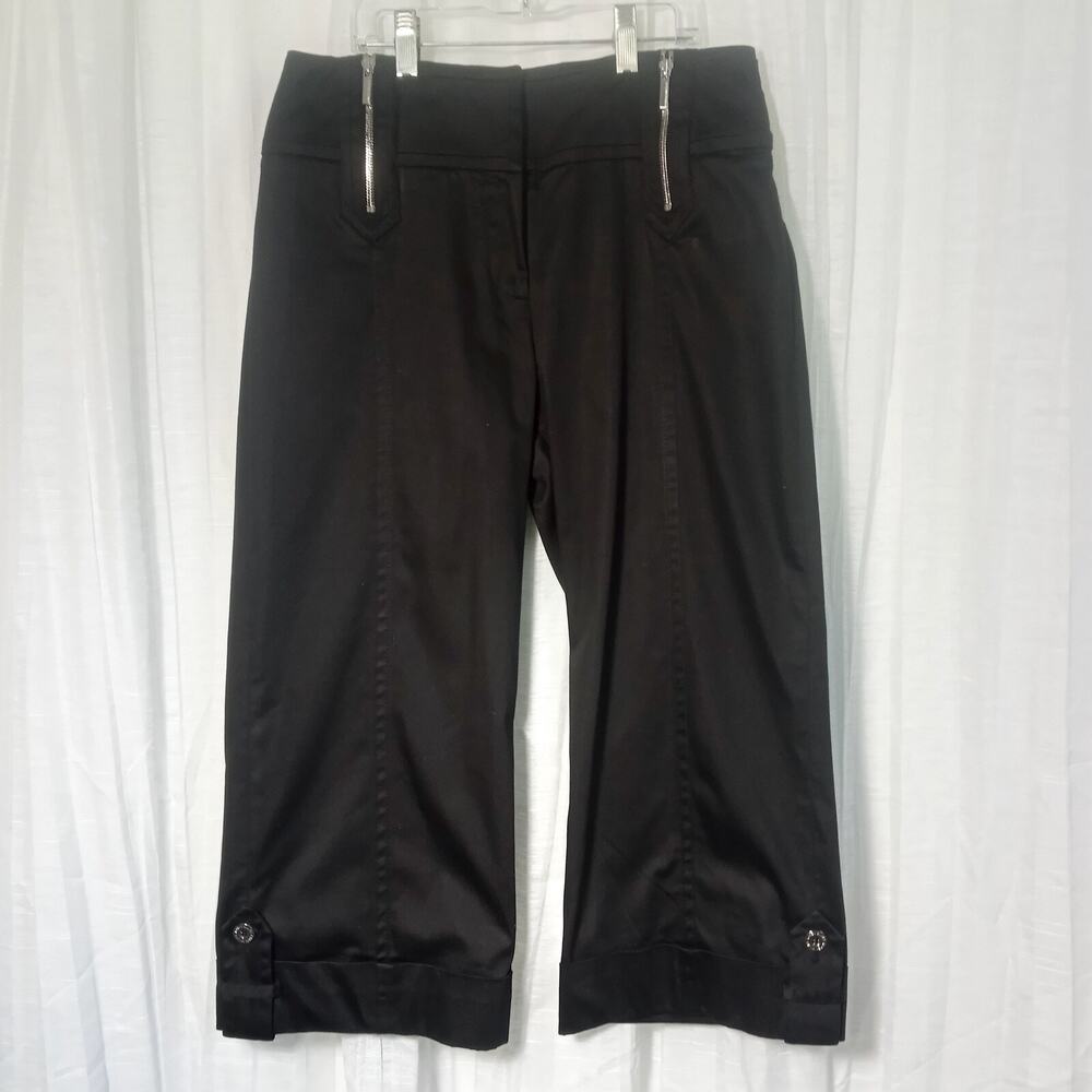 KAREN MILLEN Black Capri Pants Stretch M 8 Cropped High Flat Waist Pockets